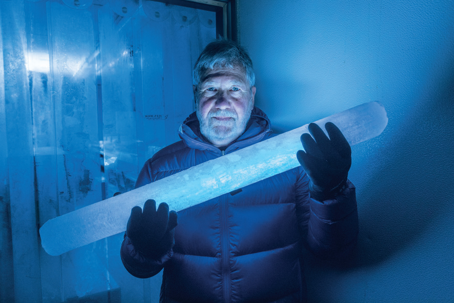Paul Mayewski holds an ice-core sample taken from the Everest Base Camp