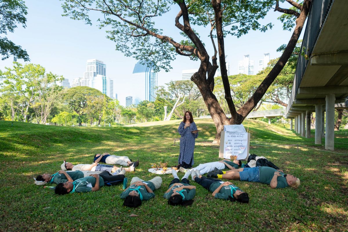 a group of people is laying on the ground under the rain tree. forest bathing